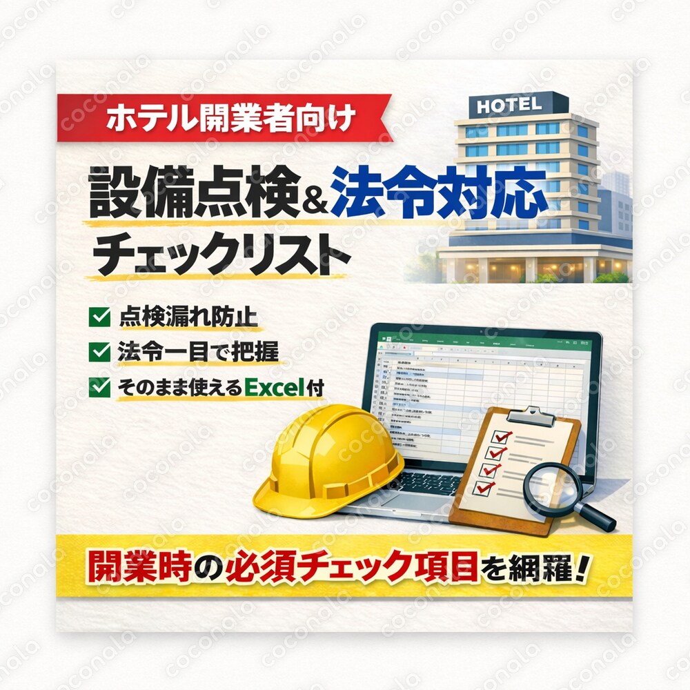 【点検漏れ防止】ホテル設備の法令対応チェックリスト　【開業準備・運用対応（Excel付）】