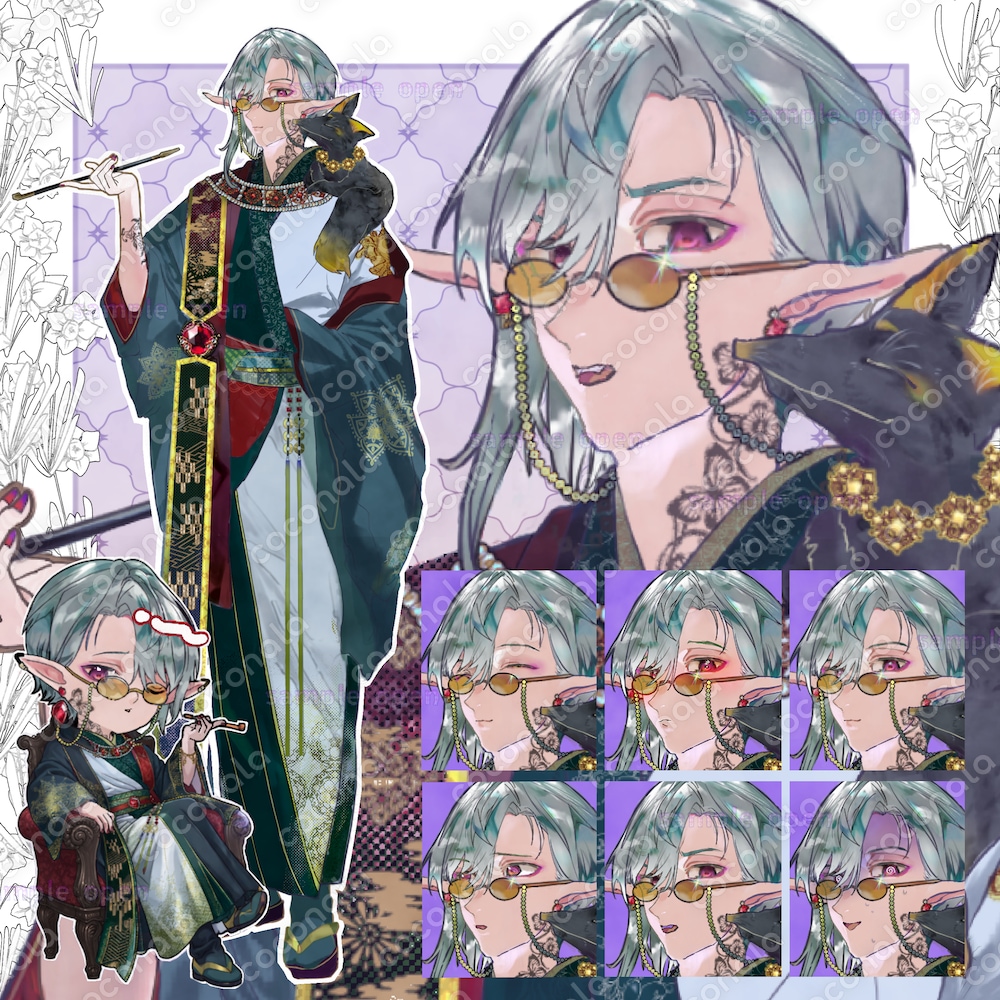 【表情差分6種+SD付/7等身】中華風メガネ男エルフ　立ち絵 
