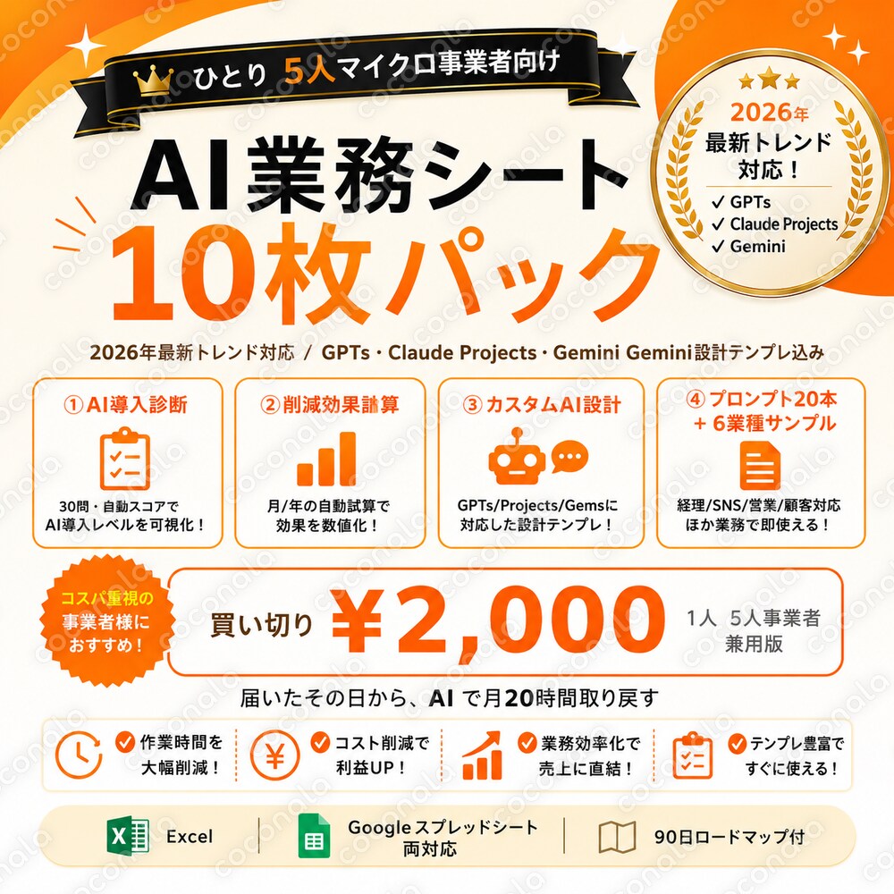 1〜5人事業者向けにAIで月20時間取り戻すシート10枚を提供します