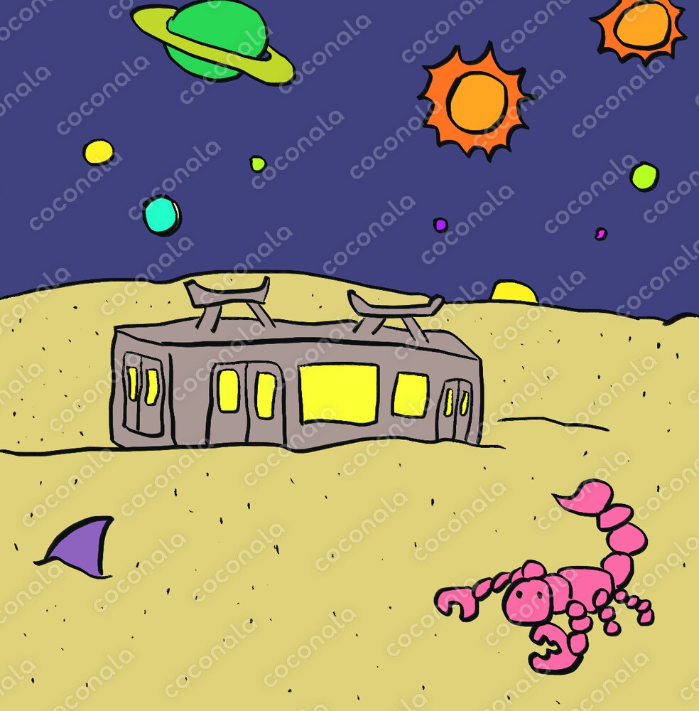 砂の惑星の夜、ピンクの蠍が歩く