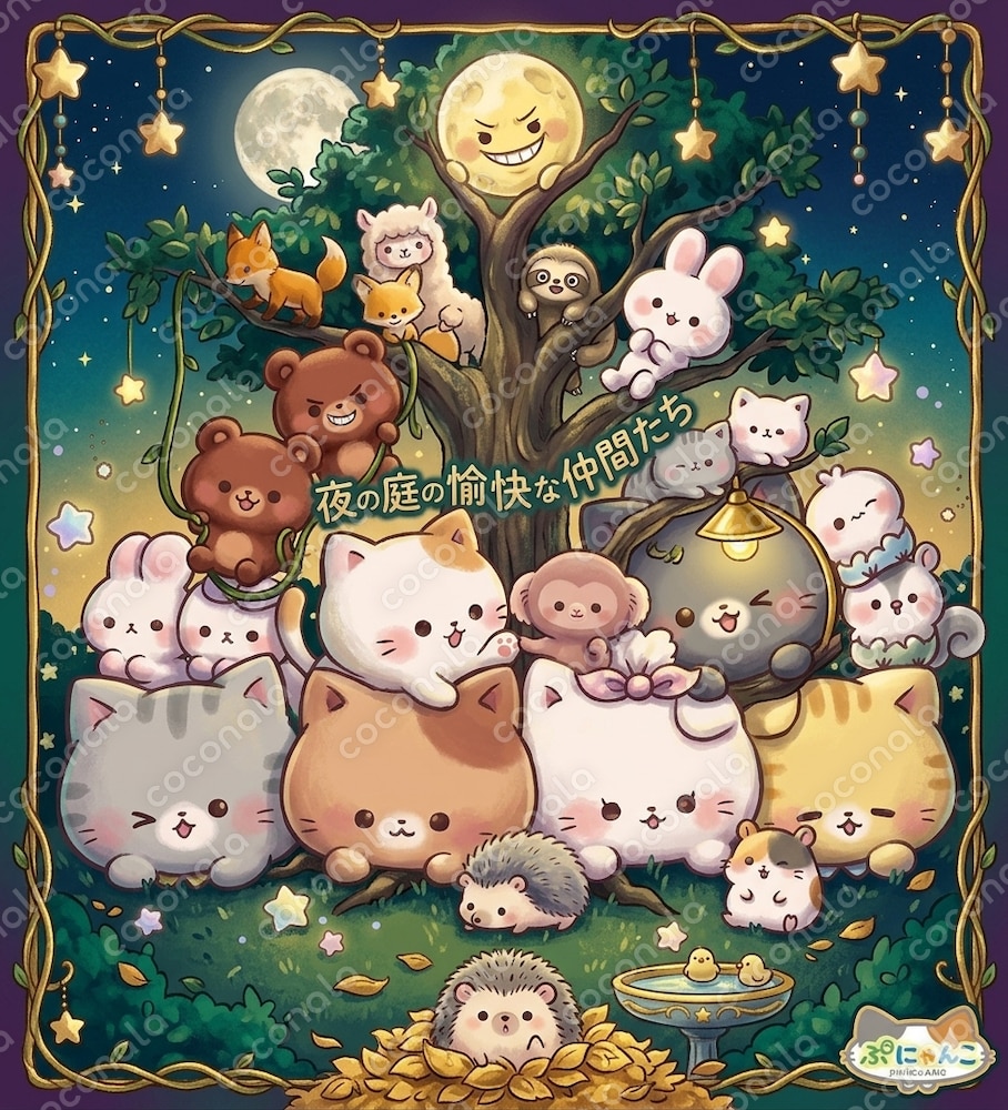 商用OK】夜の庭に集まる可愛い動物たちの絵本風イラスト。ブログのアイ