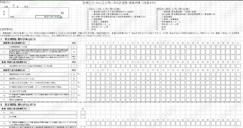医療区分・ADL区分等に係る評価票（療養病棟入院基本料）（令和8年度）