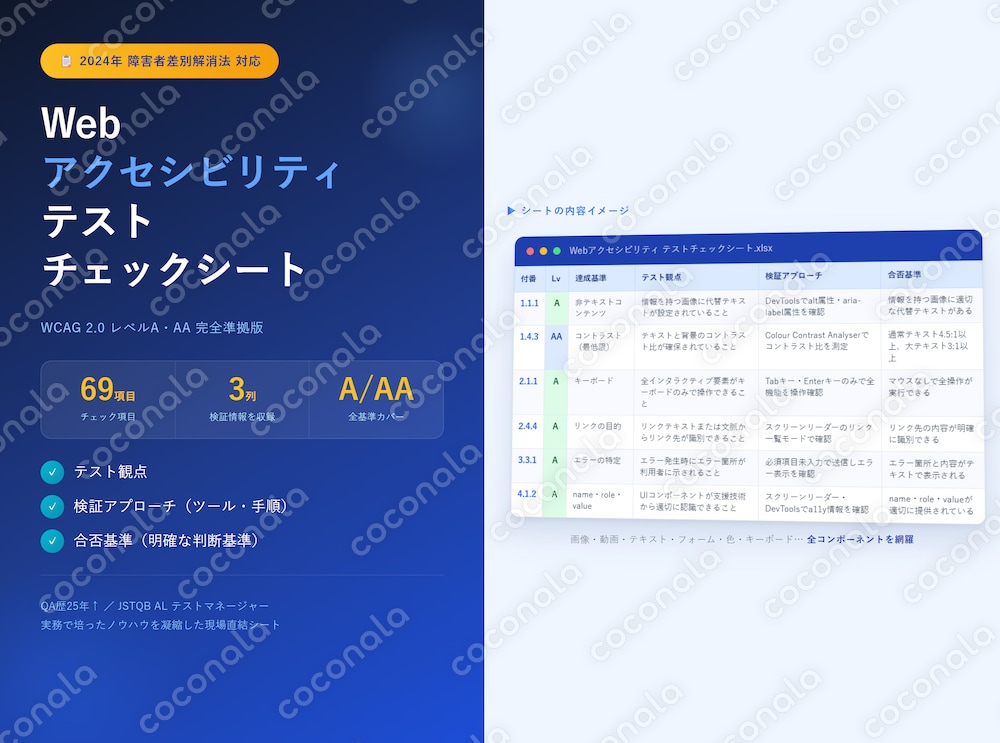 【法改正で急増中】Webアクセシビリティチェックシート｜WCAG2.0 A/AA完全準拠｜全69項目