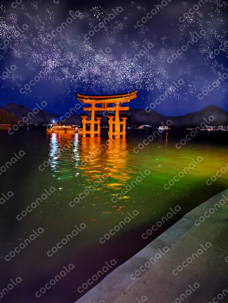 VTuber・配信画面に！幻想的な厳島神社・満天の星空背景イラスト素材