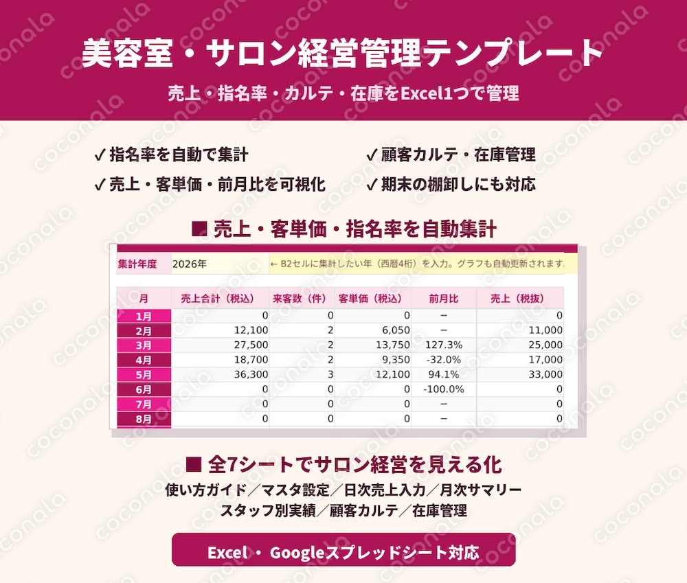 美容室サロンの売上管理・顧客カルテ・指名集計・在庫をExcel/スプレッドシートで一元管理します