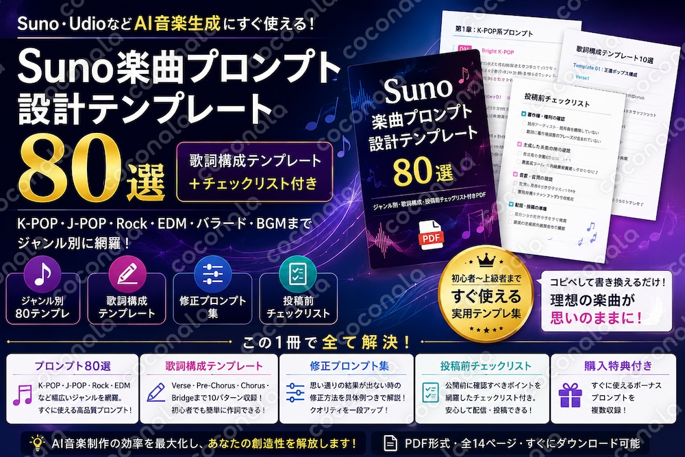 Suno楽曲プロンプト80選｜AI音楽制作テンプレート集