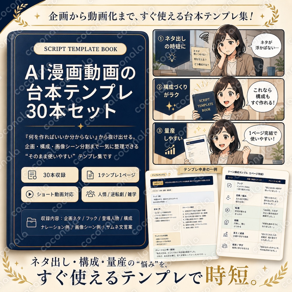 初心者向けAI漫画動画の台本テンプレ30本を販売します
