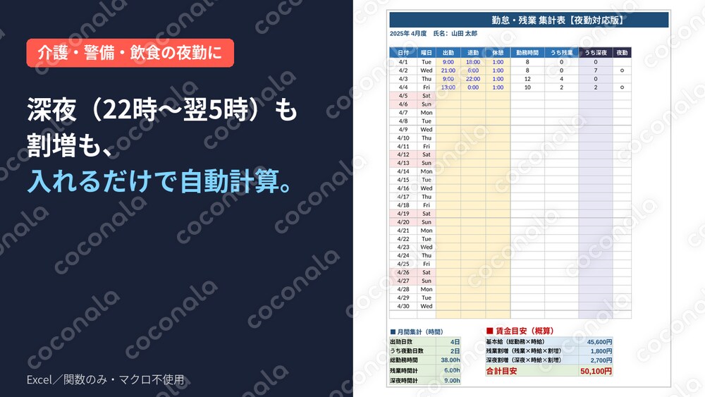 【夜勤・深夜割増 対応】勤怠・残業 集計Excel｜日跨ぎOK・賃金自動計算