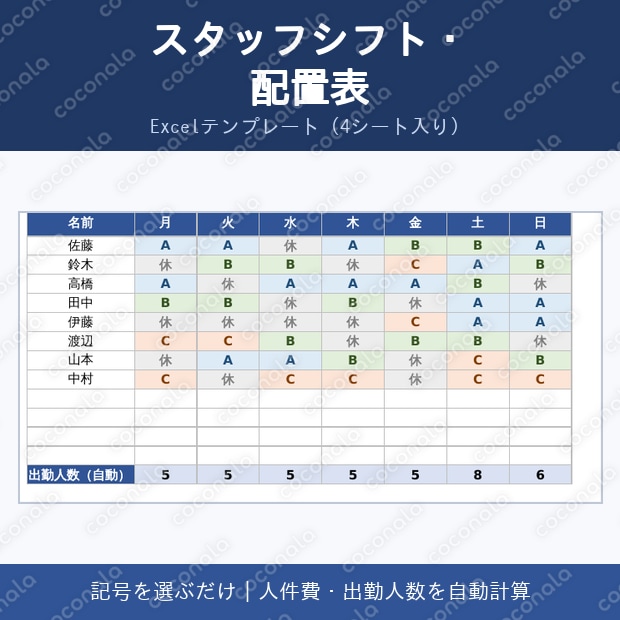 スタッフシフト・配置表（Excel）｜記号を選ぶだけで人件費・出勤人数を自動計算