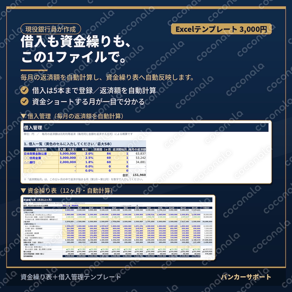 【現役銀行員が作成】資金繰り表+借入管理テンプレート|借入の毎月返済額を自動計算できるExcel