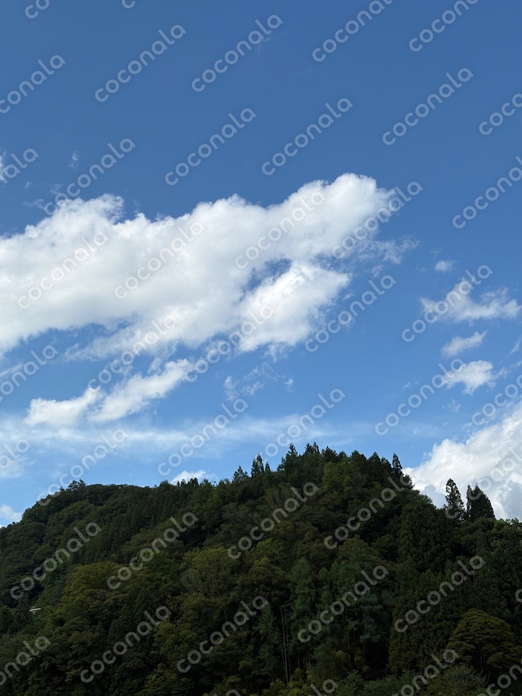 澄み渡る青空と白い雲、緑豊かな山の風景写真｜癒し・自然・背景素材