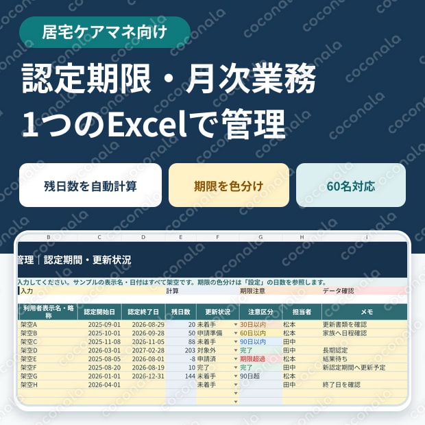 居宅ケアマネ向け｜認定期限・月次業務管理Excel