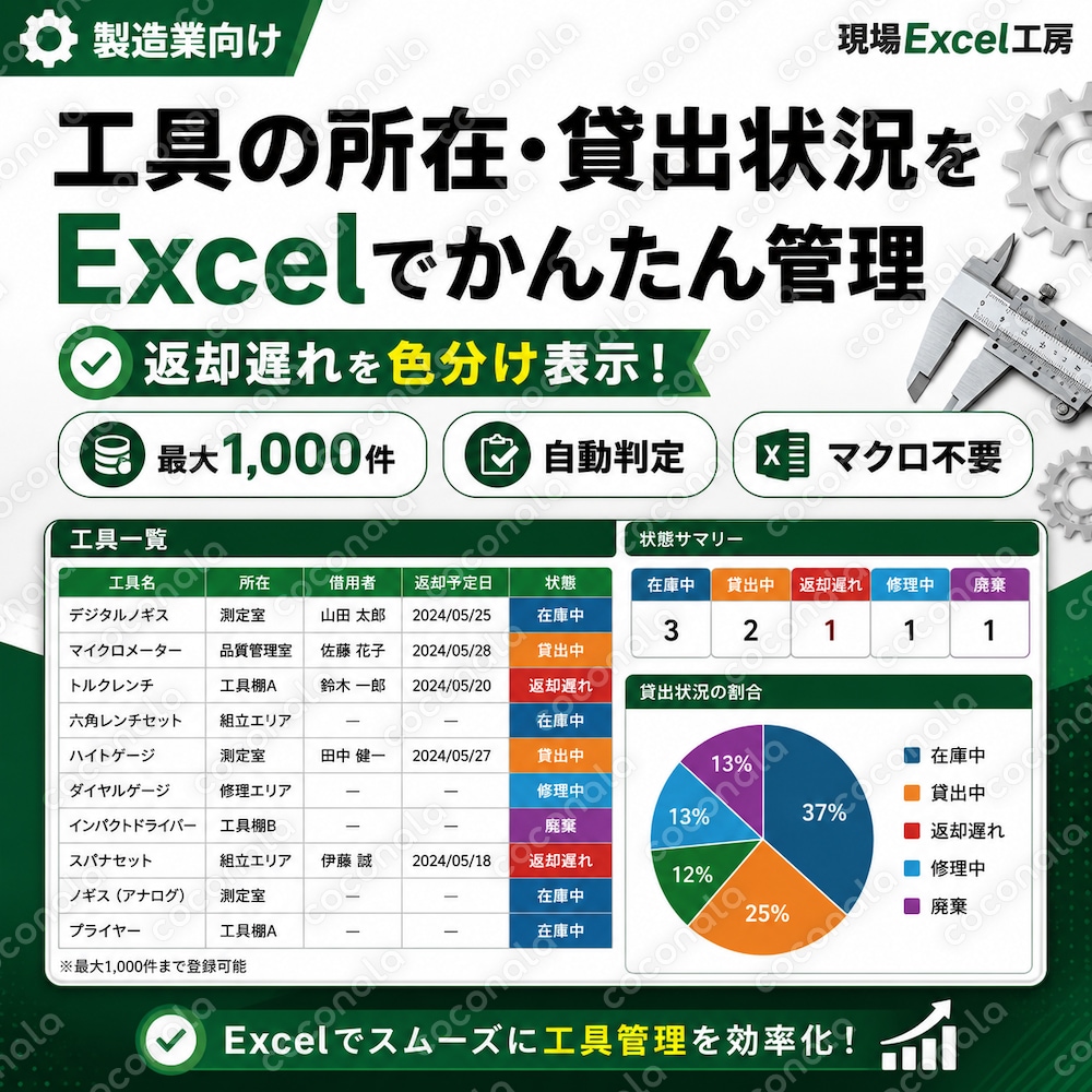 工具管理・貸出管理Excelテンプレート｜所在・返却を管理