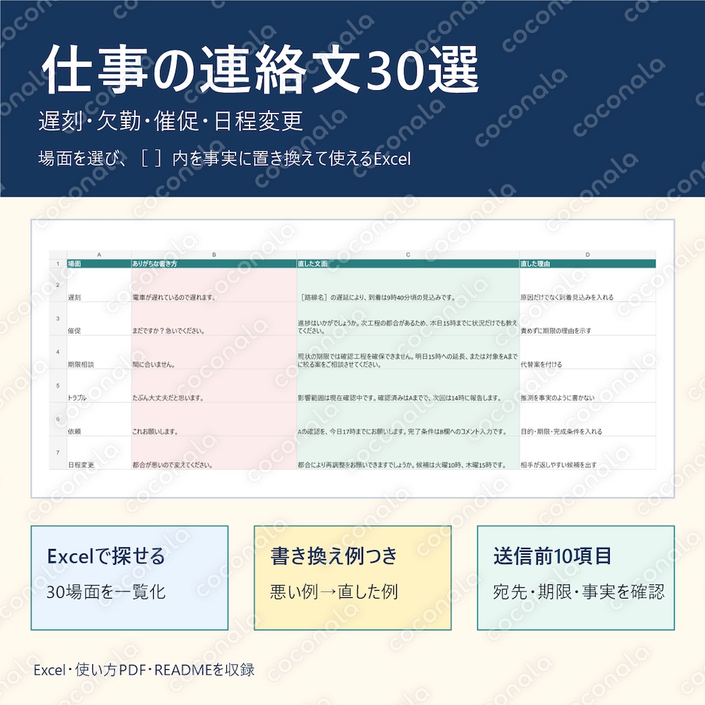 遅刻・欠勤・催促に迷わない｜仕事の連絡文30選【Excel】