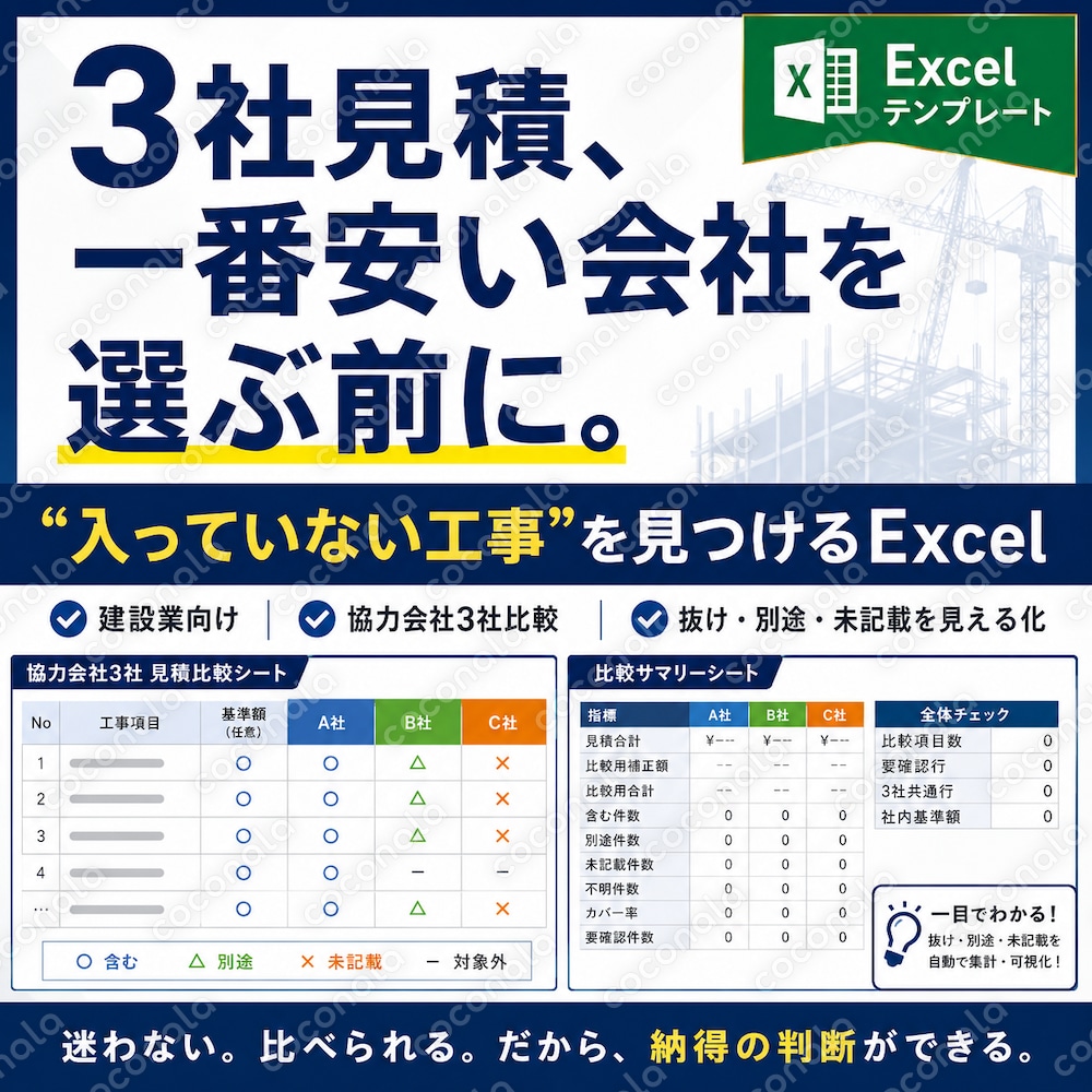 建設業｜3社見積比較・抜け漏れチェックExcel